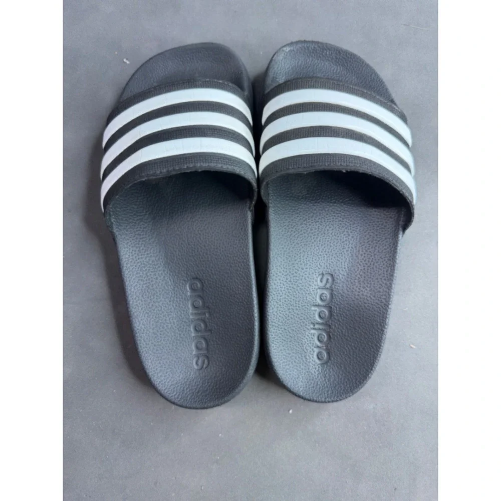 Adidas Adilette Kids Slides Black White 3 Stripe Athletic Sandals Size 12